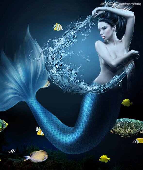 合成蓝色创意美人鱼海报图片的PS教程