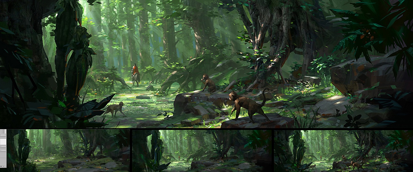 森林里骑马的人与行走的猴子场景原画