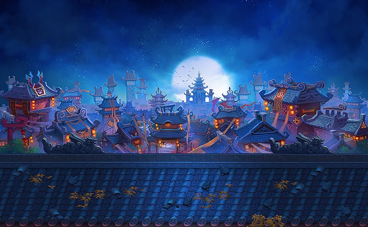 卡通Q版风格游戏城镇夜景原画