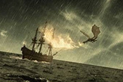 PS合成暴雨中火龙攻击渔船游戏场景