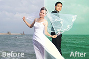 Photoshop打造青绿色的海景婚片