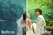 Photoshop打造古典黄绿色水景婚片