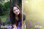 Photoshop调出树林美女图片温馨的黄紫色