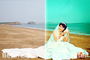 Photoshop调出沙滩美女婚片柔美的青黄色