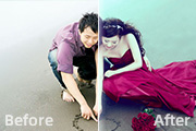 Photoshop给海滩情侣图片加上柔和的青紫色