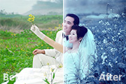 Photoshop打造梦幻的蓝青色外景婚片