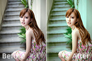 Photoshop调出楼梯边美女<font color="red">图片</font>甜美的青绿色