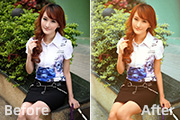 Photoshop给花坛边的美女图片加上甜美的黄绿色