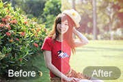 Photoshop给外景红衣人物加上淡美的红黄色