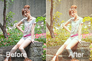 Photoshop给花草边的美女加上柔和的黄褐色