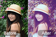 Photoshop给花边的美女加上甜美的暖紫色
