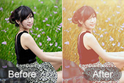 Photoshop给草地上的美女加上柔和的淡调橙褐色