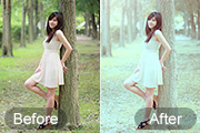 Photoshop给树林美女加上淡淡的黄绿色