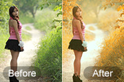 Photoshop给树丛中的人物加上柔和的怀旧橙褐色
