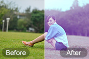 Photoshop给草地上的美女加上柔美的蓝色调