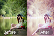 Photoshop给池塘边的美女加上唯美的红褐色