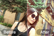 Photoshop给古建筑物边的美女加上柔美的暖色