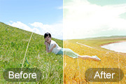 Photoshop给草坡上的美女加上小清新的青黄色