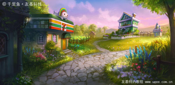 PS鼠绘梦幻的绿色卡通小村庄