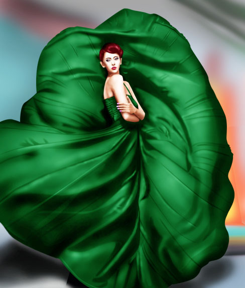 PS鼠绘身着飘逸绿裙的美女